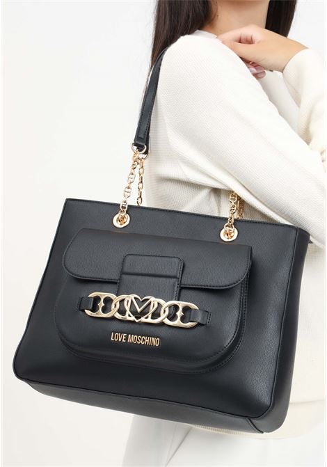 Shopper nera da donna con passante a catena con cuori e logo LOVE MOSCHINO | JC4042PP1LLF0000